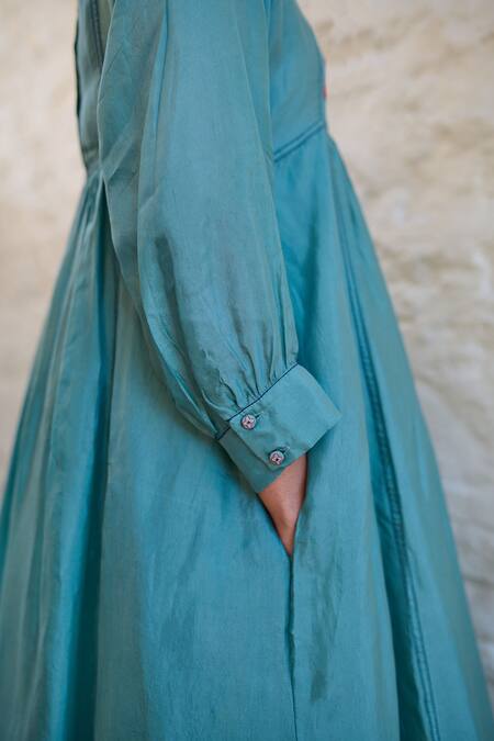 Ayaka_Blue Cotton, Viscose Embroidery Round Neck Linda Flower Bodice Dress _at_Aza_Fashions