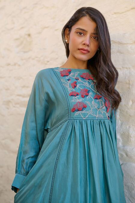 Buy_Ayaka_Blue Cotton, Viscose Embroidery Round Neck Linda Flower Bodice Dress 