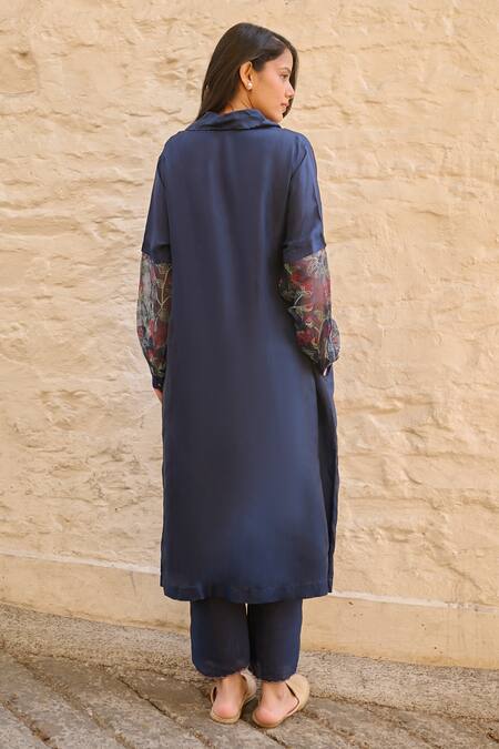 Shop Ayaka Blue Cotton, Viscose Embroidery Collared Navy Floral Sleeve Tunic at Aza Fashions Shop_Ayaka_Blue Cotton, Viscose Embroidery Collared Navy Floral Sleeve Tunic _at_Aza_Fashions