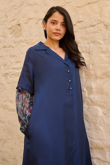 Buy Ayaka Blue Cotton, Viscose Embroidery Collared Navy Floral Sleeve Tunic Online at Aza Fashions Buy_Ayaka_Blue Cotton, Viscose Embroidery Collared Navy Floral Sleeve Tunic _Online_at_Aza_Fashions