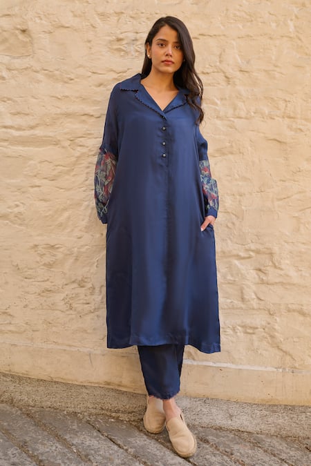 Shop Ayaka Blue Cotton, Viscose Embroidery Collared Navy Floral Sleeve Tunic Online at Aza Fashions Shop_Ayaka_Blue Cotton, Viscose Embroidery Collared Navy Floral Sleeve Tunic _Online_at_Aza_Fashions