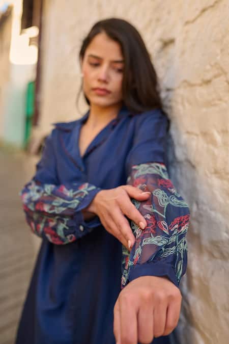 Buy Ayaka Blue Cotton, Viscose Embroidery Collared Navy Floral Sleeve Tunic Buy_Ayaka_Blue Cotton, Viscose Embroidery Collared Navy Floral Sleeve Tunic