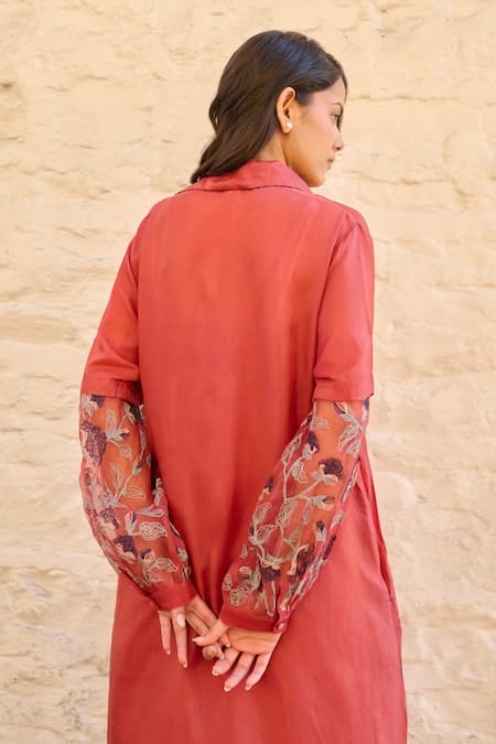 Shop_Ayaka_Red Cotton, Viscose Embroidery Collared Floral Sleeve Tunic Set _at_Aza_Fashions