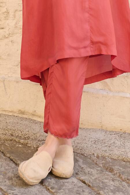 Ayaka_Red Cotton, Viscose Embroidery Collared Floral Sleeve Tunic Set _Online_at_Aza_Fashions