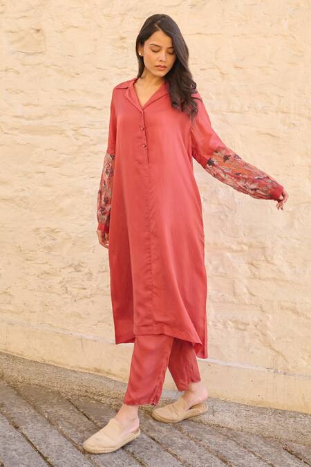 Buy_Ayaka_Red Cotton, Viscose Embroidery Collared Floral Sleeve Tunic Set _Online_at_Aza_Fashions
