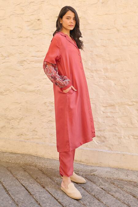 Shop_Ayaka_Red Cotton, Viscose Embroidery Collared Floral Sleeve Tunic Set _Online_at_Aza_Fashions