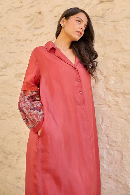 Ayaka_Red Cotton, Viscose Embroidery Collared Floral Sleeve Tunic Set _at_Aza_Fashions