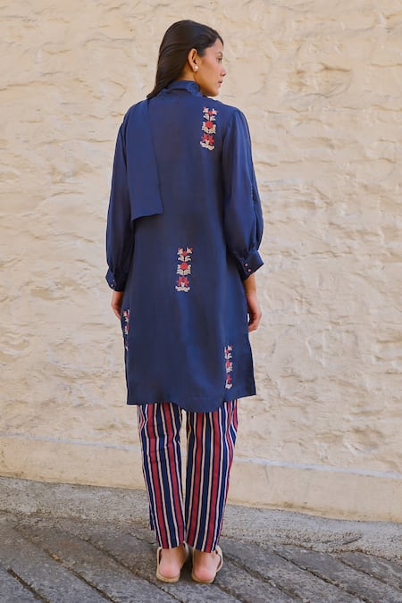 Shop Ayaka Blue Cotton, Viscose Embroidery Collared Pony Tunic at Aza Fashions Shop_Ayaka_Blue Cotton, Viscose Embroidery Collared Pony Tunic _at_Aza_Fashions