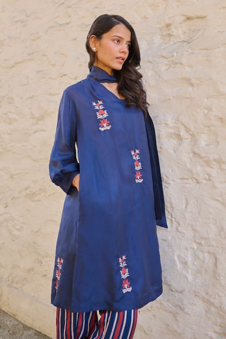 Shop Ayaka Blue Cotton, Viscose Embroidery Collared Pony Tunic Online at Aza Fashions Shop_Ayaka_Blue Cotton, Viscose Embroidery Collared Pony Tunic _Online_at_Aza_Fashions