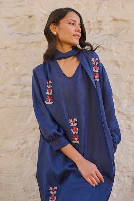 Ayaka Blue Cotton, Viscose Embroidery Collared Pony Tunic at Aza Fashions Ayaka_Blue Cotton, Viscose Embroidery Collared Pony Tunic _at_Aza_Fashions