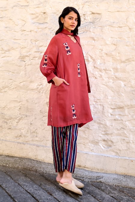 Shop Ayaka Red Cotton, Viscose Embroidery Pony Floral Tunic Online at Aza Fashions Shop_Ayaka_Red Cotton, Viscose Embroidery Pony Floral Tunic _Online_at_Aza_Fashions