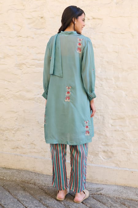 Shop Ayaka Blue Cotton, Viscose Embroidery Floral Teal Tunic Set at Aza Fashions Shop_Ayaka_Blue Cotton, Viscose Embroidery Floral Teal Tunic Set _at_Aza_Fashions