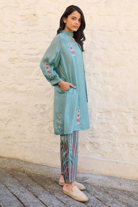 Shop Ayaka Blue Cotton, Viscose Embroidery Floral Teal Tunic Set Online at Aza Fashions Shop_Ayaka_Blue Cotton, Viscose Embroidery Floral Teal Tunic Set _Online_at_Aza_Fashions