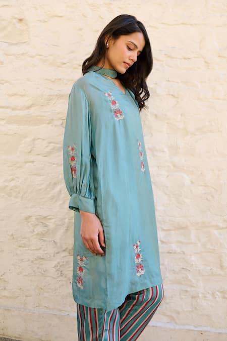 Ayaka Blue Cotton, Viscose Embroidery Floral Teal Tunic Set at Aza Fashions Ayaka_Blue Cotton, Viscose Embroidery Floral Teal Tunic Set _at_Aza_Fashions