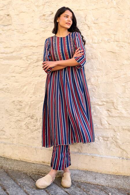 Shop Ayaka Blue Linen, Viscose Embroidery Round Neck Cheryl Stripe Pattern Kurta Online at Aza Fashions Shop_Ayaka_Blue Linen, Viscose Embroidery Round Neck Cheryl Stripe Pattern Kurta _Online_at_Aza_Fashions