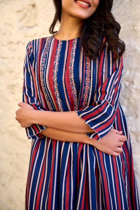 Buy Ayaka Blue Linen, Viscose Embroidery Round Neck Cheryl Stripe Pattern Kurta Buy_Ayaka_Blue Linen, Viscose Embroidery Round Neck Cheryl Stripe Pattern Kurta