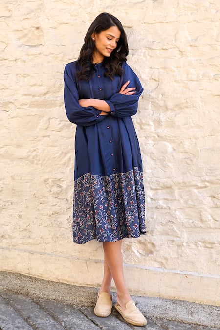 Shop Ayaka Blue Cotton, Viscose Round Neck Floral Handblock Print Placement Dress at Aza Fashions Shop_Ayaka_Blue Cotton, Viscose Round Neck Floral Handblock Print Placement Dress _at_Aza_Fashions