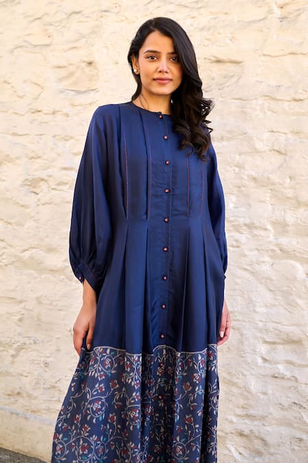 Ayaka Blue Cotton, Viscose Round Neck Floral Handblock Print Placement Dress Online at Aza Fashions Ayaka_Blue Cotton, Viscose Round Neck Floral Handblock Print Placement Dress _Online_at_Aza_Fashions