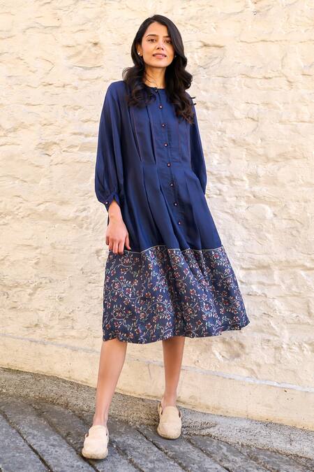 Buy Ayaka Blue Cotton, Viscose Round Neck Floral Handblock Print Placement Dress Online at Aza Fashions Buy_Ayaka_Blue Cotton, Viscose Round Neck Floral Handblock Print Placement Dress _Online_at_Aza_Fashions