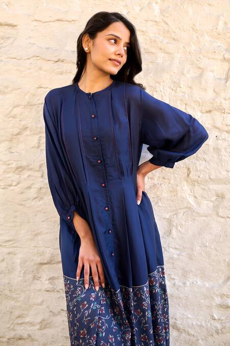 Shop Ayaka Blue Cotton, Viscose Round Neck Floral Handblock Print Placement Dress Online at Aza Fashions Shop_Ayaka_Blue Cotton, Viscose Round Neck Floral Handblock Print Placement Dress _Online_at_Aza_Fashions