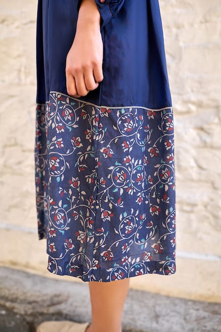 Ayaka Blue Cotton, Viscose Round Neck Floral Handblock Print Placement Dress at Aza Fashions Ayaka_Blue Cotton, Viscose Round Neck Floral Handblock Print Placement Dress _at_Aza_Fashions