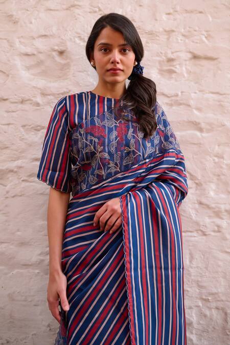 Buy Ayaka Blue Viscose Embroidery Stripe Pattern Saree Online at Aza Fashions Buy_Ayaka_Blue Viscose Embroidery Stripe Pattern Saree _Online_at_Aza_Fashions
