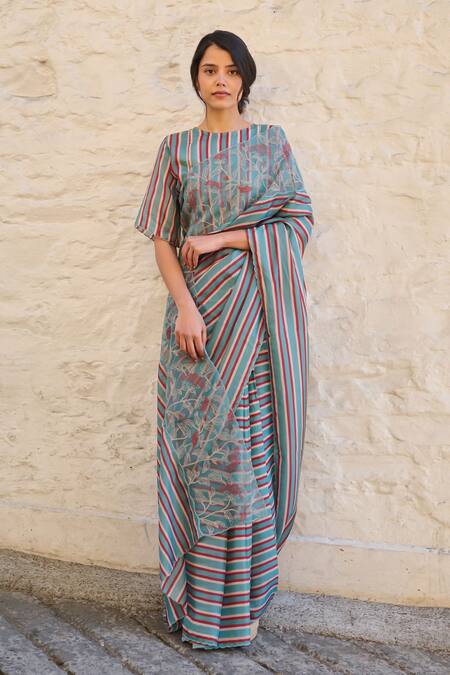 Ayaka_Blue Viscose Embroidery Panel Border Saree _Online_at_Aza_Fashions