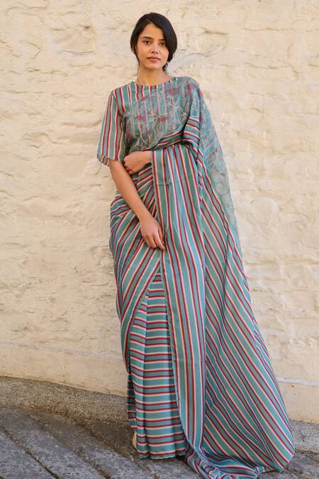 Buy_Ayaka_Blue Viscose Embroidery Panel Border Saree _Online_at_Aza_Fashions