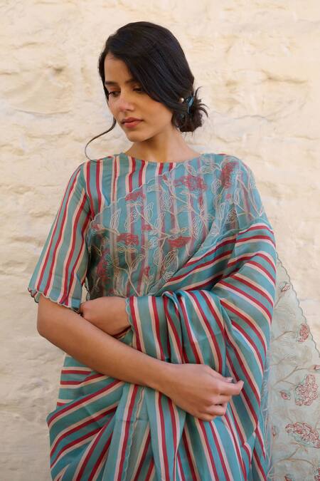 Shop_Ayaka_Blue Viscose Embroidery Panel Border Saree _Online_at_Aza_Fashions