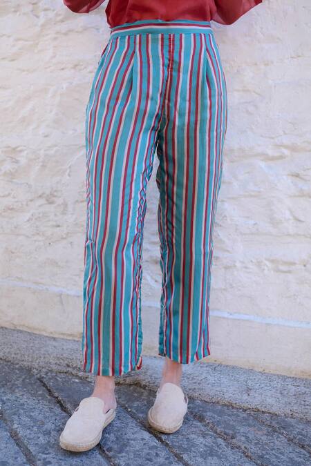 Ayaka_Multi Color Viscose Tabby Stripe Teal Patterned Pant_Online_at_Aza_Fashions