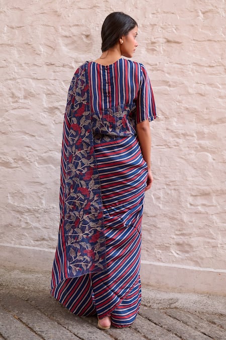 Shop Ayaka Blue Cotton, Viscose Lace Round Neck Stripe Pattern Blouse at Aza Fashions Shop_Ayaka_Blue Cotton, Viscose Lace Round Neck Stripe Pattern Blouse _at_Aza_Fashions