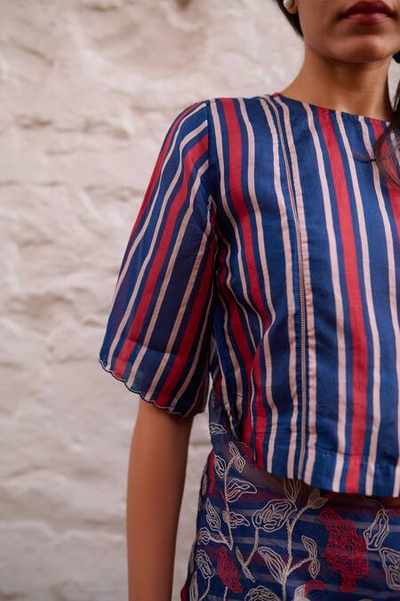 Ayaka Blue Cotton, Viscose Lace Round Neck Stripe Pattern Blouse Online at Aza Fashions Ayaka_Blue Cotton, Viscose Lace Round Neck Stripe Pattern Blouse _Online_at_Aza_Fashions