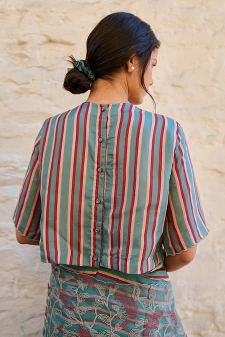 Shop Ayaka Blue Cotton, Viscose Round Neck Stripe Patterned Blouse at Aza Fashions Shop_Ayaka_Blue Cotton, Viscose Round Neck Stripe Patterned Blouse _at_Aza_Fashions