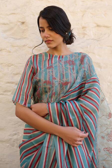 Ayaka Blue Cotton, Viscose Round Neck Stripe Patterned Blouse Online at Aza Fashions Ayaka_Blue Cotton, Viscose Round Neck Stripe Patterned Blouse _Online_at_Aza_Fashions