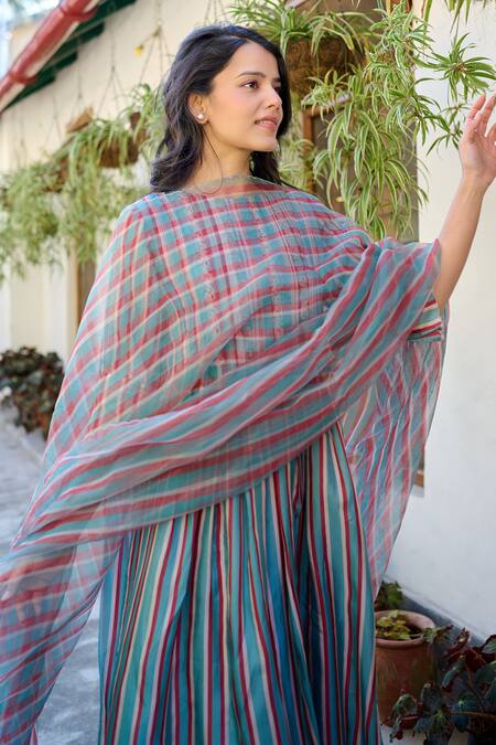 Ayaka Blue Silk Organza Stripe Pattern Dupatta Online at Aza Fashions Ayaka_Blue Silk Organza Stripe Pattern Dupatta _Online_at_Aza_Fashions