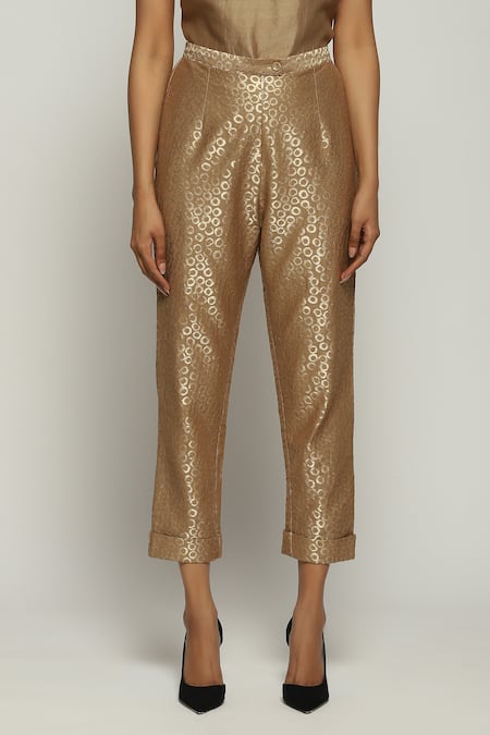 Shop Abraham And Thakore Gold Brocade Embroidery Pattern Straight Pant at Aza Fashions Shop_Abraham And Thakore_Gold Brocade Embroidery Pattern Straight Pant_at_Aza_Fashions