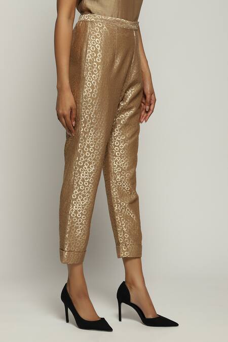 Abraham And Thakore Gold Brocade Embroidery Pattern Straight Pant Online at Aza Fashions Abraham And Thakore_Gold Brocade Embroidery Pattern Straight Pant_Online_at_Aza_Fashions