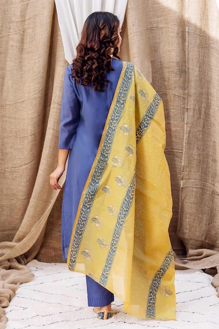 Shop Missprint Blue Chanderi, Cotton Embroidery V-neck Placket Straight Kurta Pant Set at Aza Fashions Shop_Missprint_Blue Chanderi, Cotton Embroidery V-neck Placket Straight Kurta Pant Set _at_Aza_Fashions