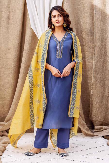 Buy Missprint Blue Chanderi, Cotton Embroidery V-neck Placket Straight Kurta Pant Set Online at Aza Fashions Buy_Missprint_Blue Chanderi, Cotton Embroidery V-neck Placket Straight Kurta Pant Set _Online_at_Aza_Fashions