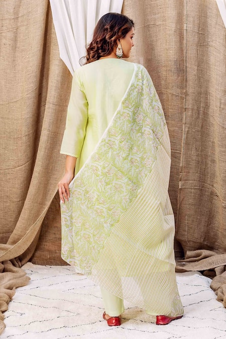 Shop Missprint Green Chanderi, Cotton Embroidery, Sequins V-neck Ayesha Anarkali Pant Set at Aza Fashions Shop_Missprint_Green Chanderi, Cotton Embroidery, Sequins V-neck Ayesha Anarkali Pant Set _at_Aza_Fashions