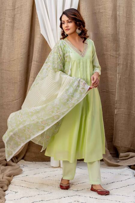 Missprint Green Chanderi, Cotton Embroidery, Sequins V-neck Ayesha Anarkali Pant Set Online at Aza Fashions Missprint_Green Chanderi, Cotton Embroidery, Sequins V-neck Ayesha Anarkali Pant Set _Online_at_Aza_Fashions
