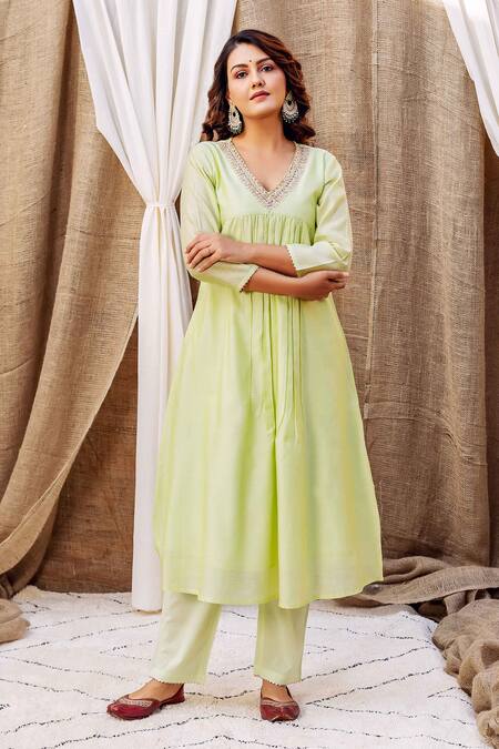 Shop Missprint Green Chanderi, Cotton Embroidery, Sequins V-neck Ayesha Anarkali Pant Set Online at Aza Fashions Shop_Missprint_Green Chanderi, Cotton Embroidery, Sequins V-neck Ayesha Anarkali Pant Set _Online_at_Aza_Fashions