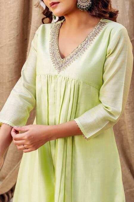 Missprint Green Chanderi, Cotton Embroidery, Sequins V-neck Ayesha Anarkali Pant Set at Aza Fashions Missprint_Green Chanderi, Cotton Embroidery, Sequins V-neck Ayesha Anarkali Pant Set _at_Aza_Fashions