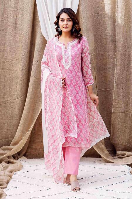 Buy Missprint Pink Organza, Cotton Lace, Embroidery Split Hand Block Print Kurta Pant Set Online at Aza Fashions Buy_Missprint_Pink Organza, Cotton Lace, Embroidery Split Hand Block Print Kurta Pant Set _Online_at_Aza_Fashions