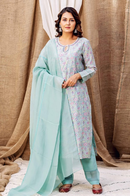 Missprint Green Kurta Chanderi Printed Floral Round Pant Set 