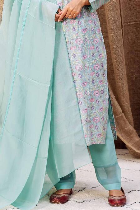 Missprint_Green Kurta Chanderi Printed Floral Round Pant Set _Online_at_Aza_Fashions