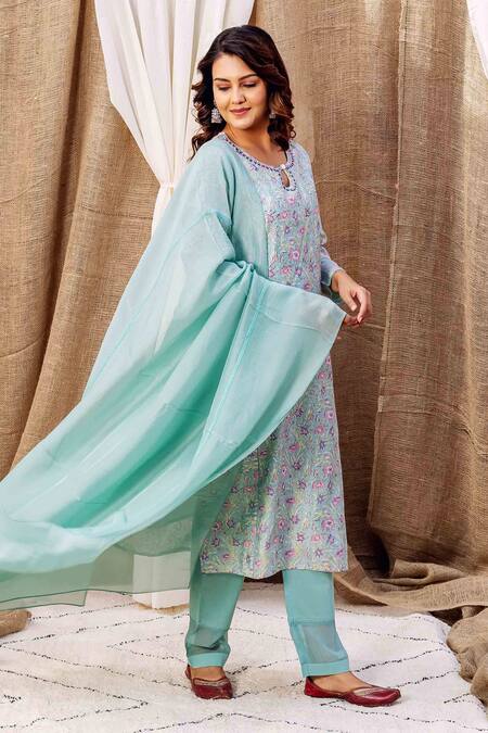 Buy_Missprint_Green Kurta Chanderi Printed Floral Round Pant Set _Online_at_Aza_Fashions