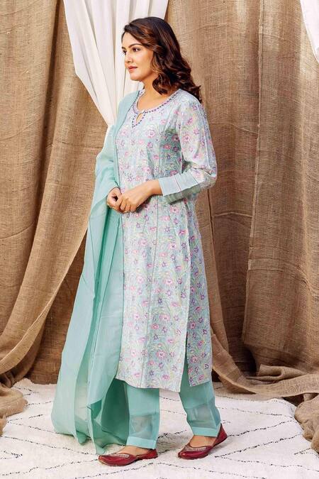 Shop_Missprint_Green Kurta Chanderi Printed Floral Round Pant Set _Online_at_Aza_Fashions