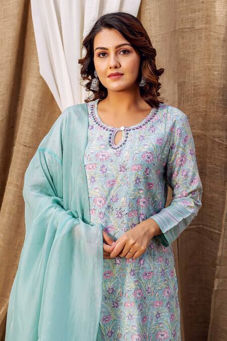 Missprint_Green Kurta Chanderi Printed Floral Round Pant Set _at_Aza_Fashions
