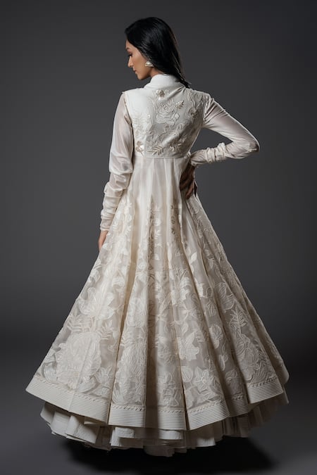 Shop_Rohit Bal_Ivory Organza, Chanderi Silk, Voile Embroidery Floral Applique Anarkali Set _at_Aza_Fashions